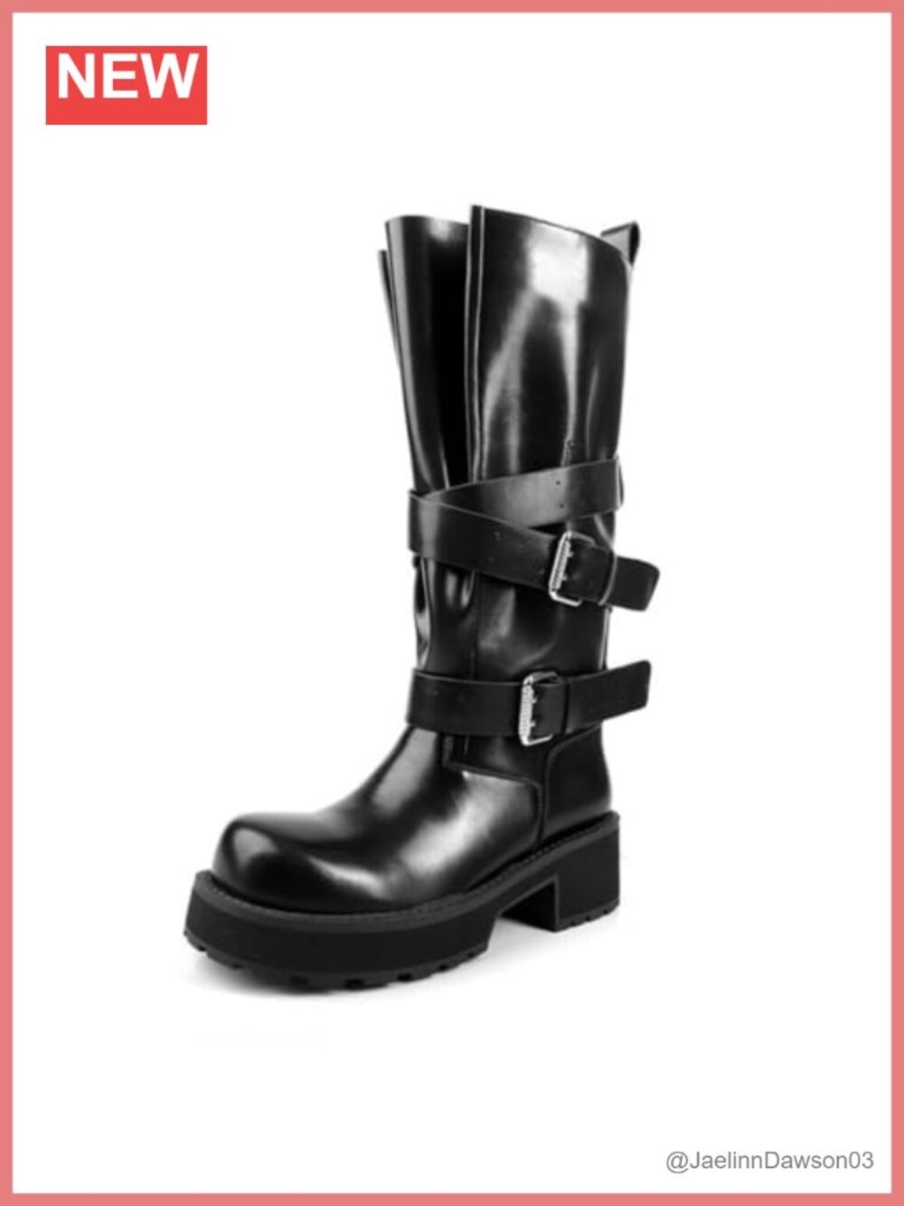 Women's Square Toe Chunky Platform Knee High Motorcycle Boots with Buckle Straps
